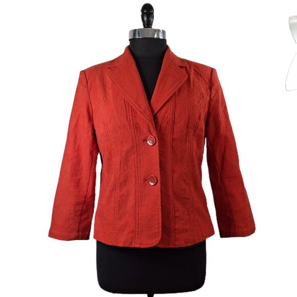 Womens Laura Petites Cotton Jacquard Cropped Blazer Red Suit Jacket Sz 10 - Picture 2 of 15